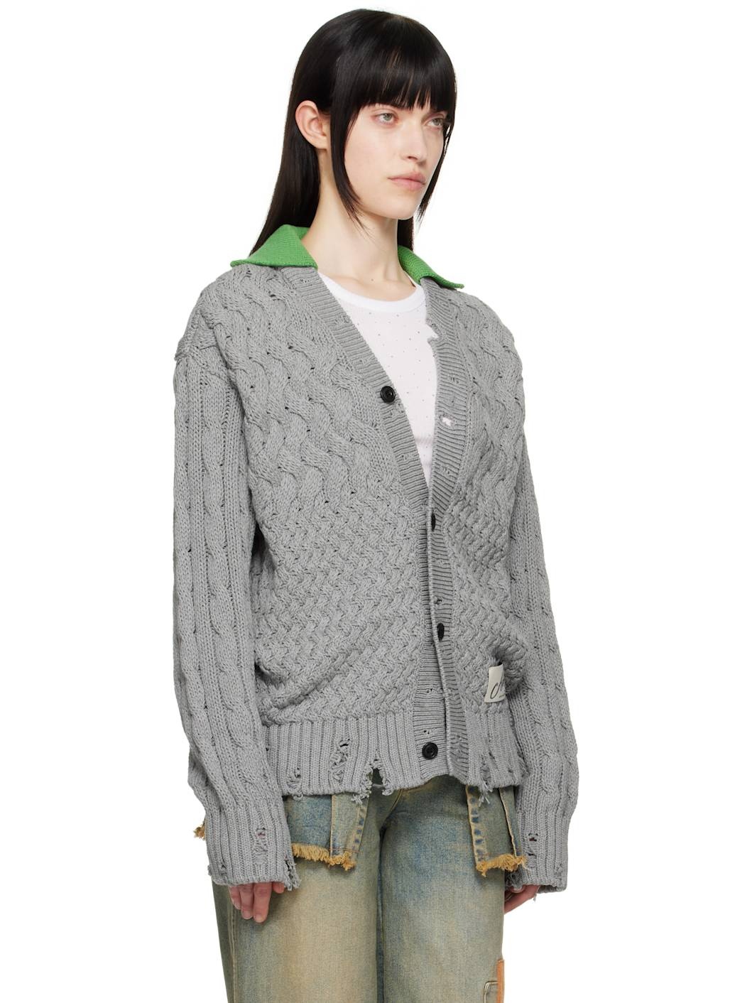 Gray Green Collar V-Neck Cardigan - 2