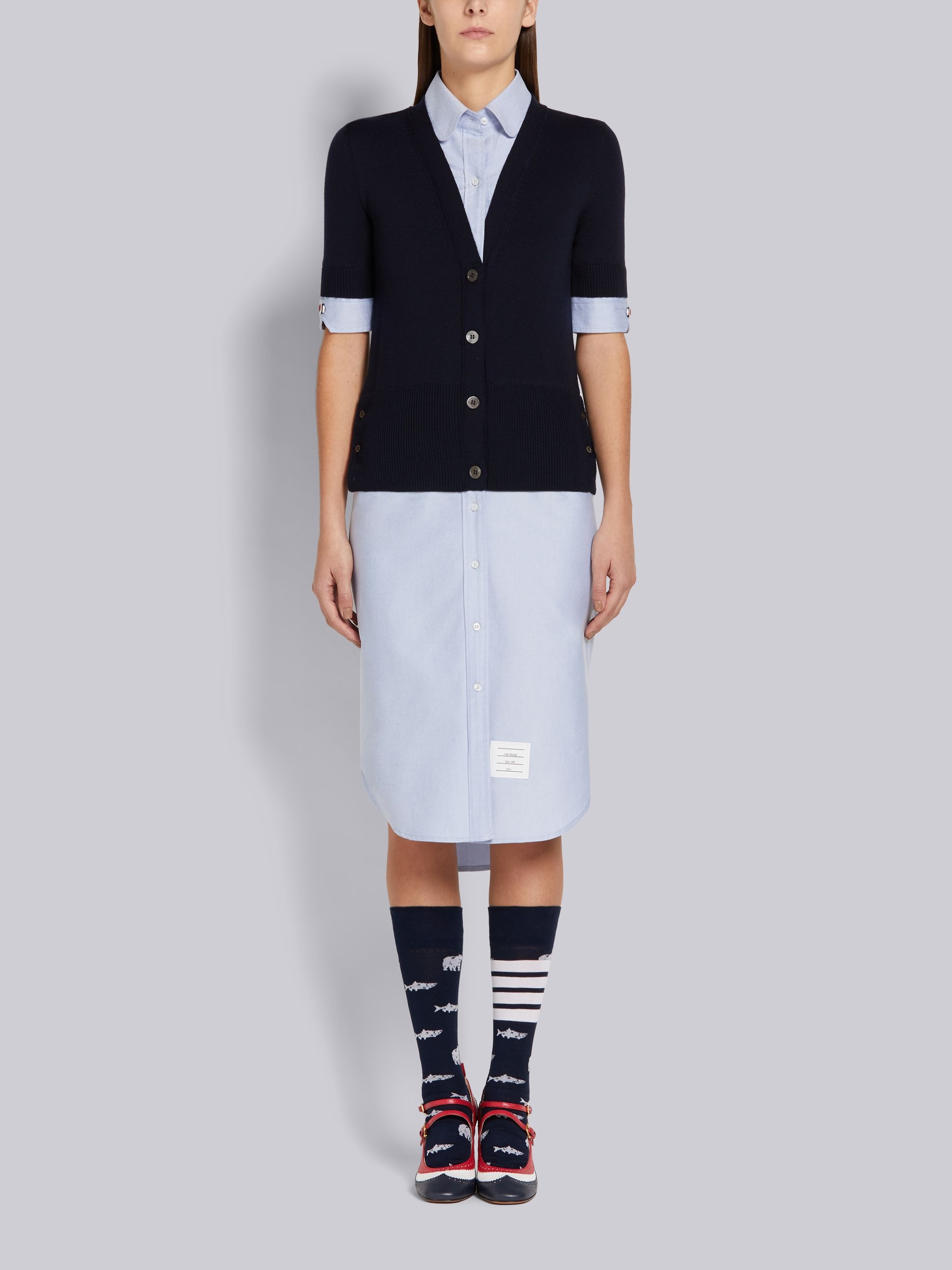 Light Blue Oxford and Fine Merino Wool V-Neck Pullover Combo Shirtdress - 1
