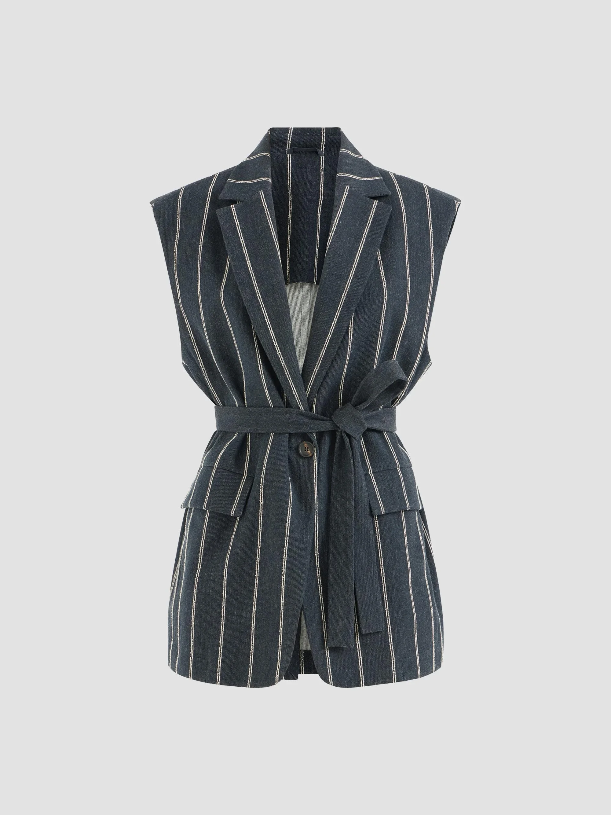 Women's Double Chalk Stripe Cotton and Linen Denim Belted Vest with Monili - Denim - 1