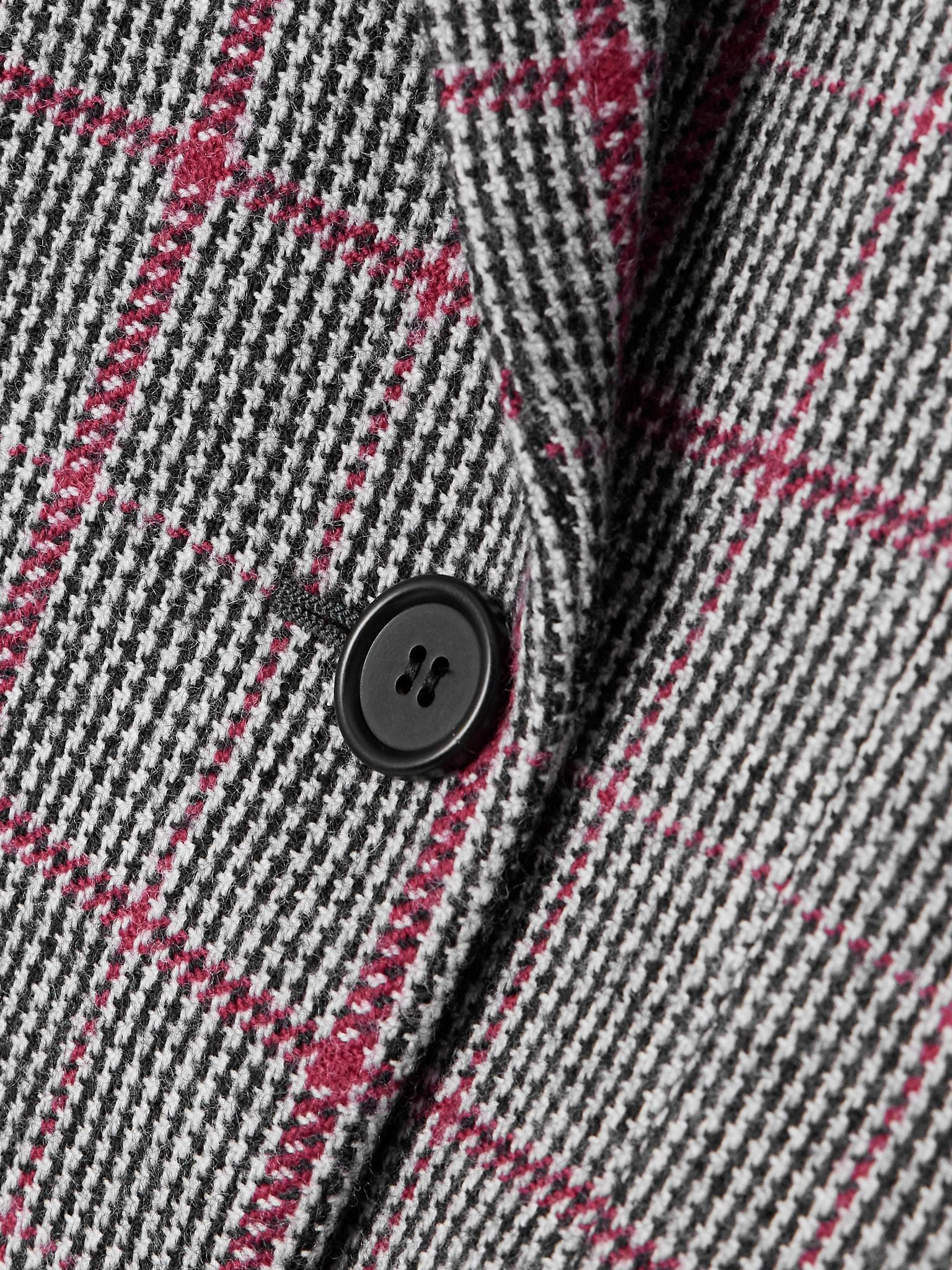 Double-breasted velvet-trimmed checked wool blazer Black - 5
