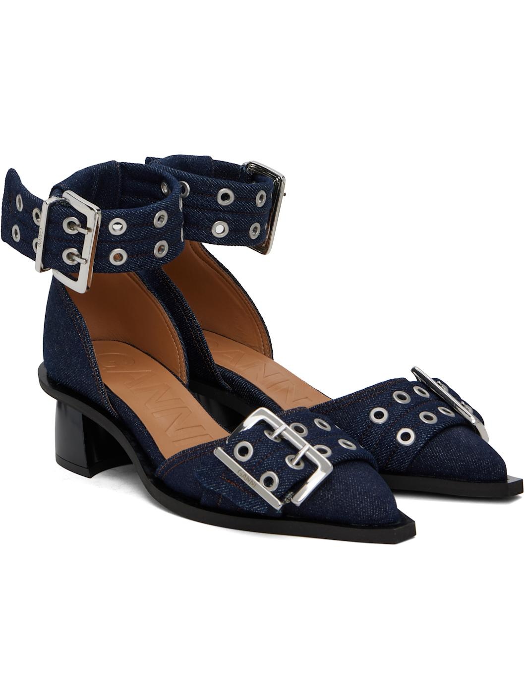 Navy Feminine Buckle Open Cut Heels - 4