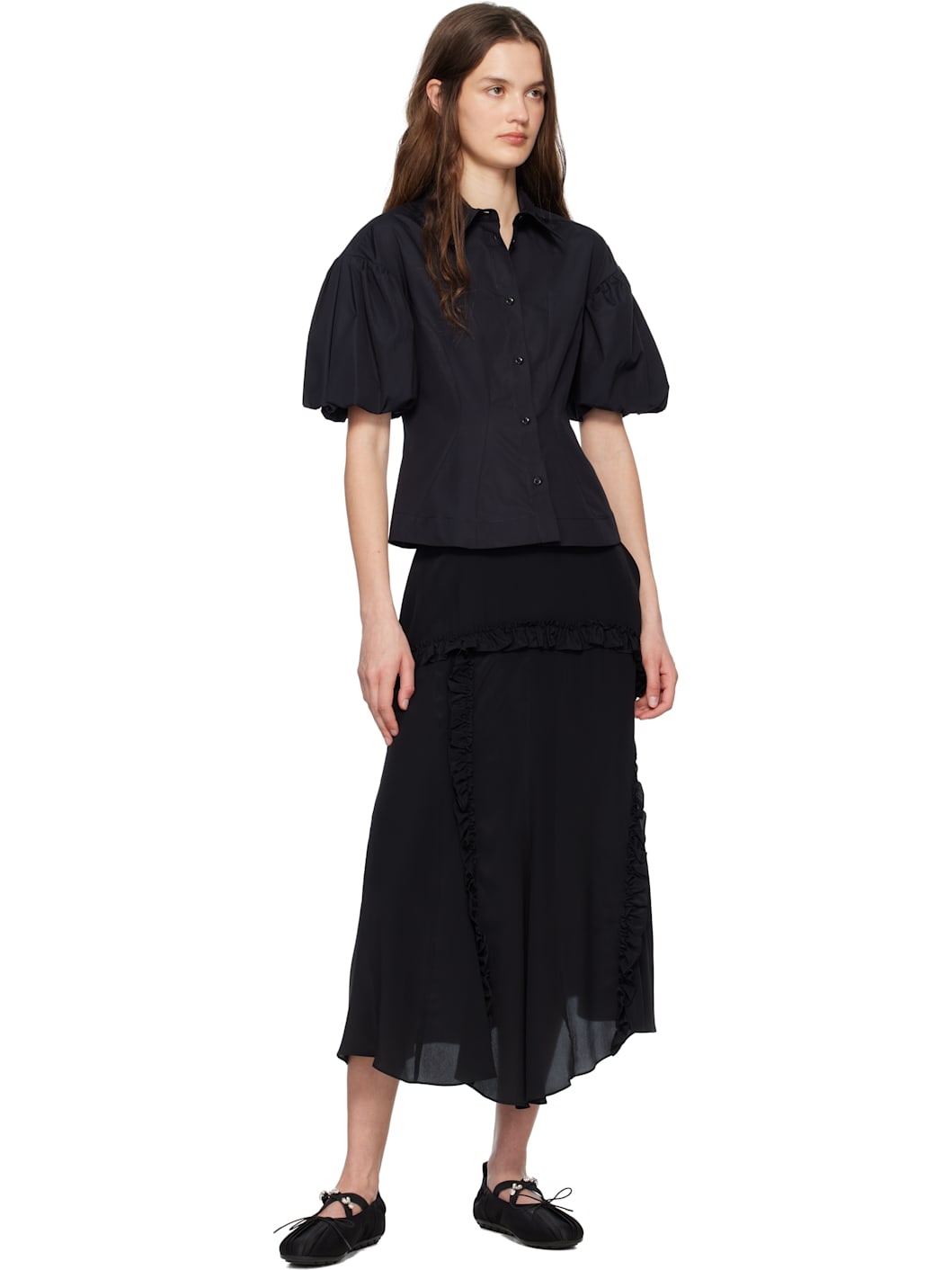Black Ruffle Frill Multi-Seam Midi Skirt - 4