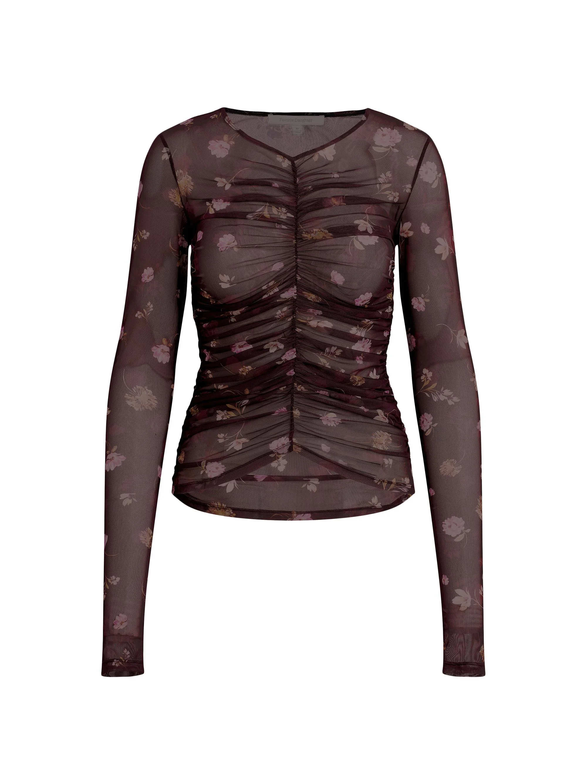 Women's Party Floral Mesh Ruched V-neck Top - Whimsical Monet - 1