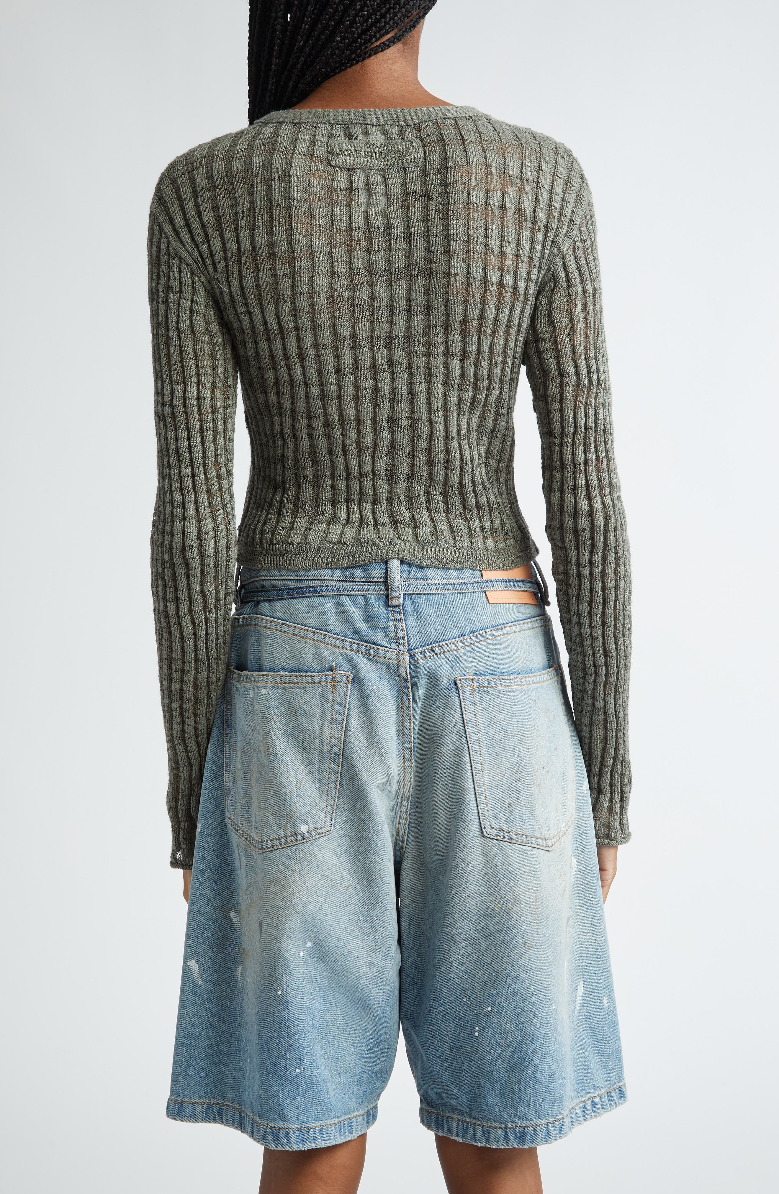 Acne Studios Kiko Rib Linen Blend Cardigan in Seagrass Green at Nordstrom - 3