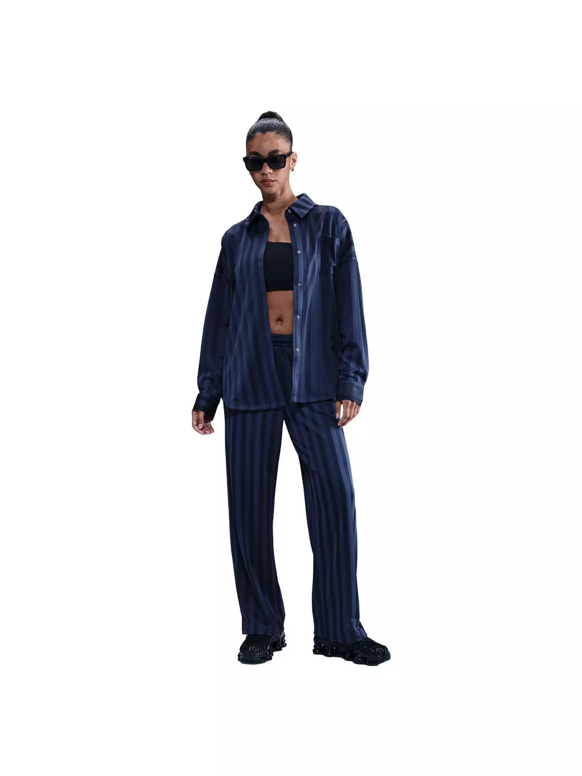 Women's Sportswear Jacquard Stripe Button Down Shirt -Navy - 4