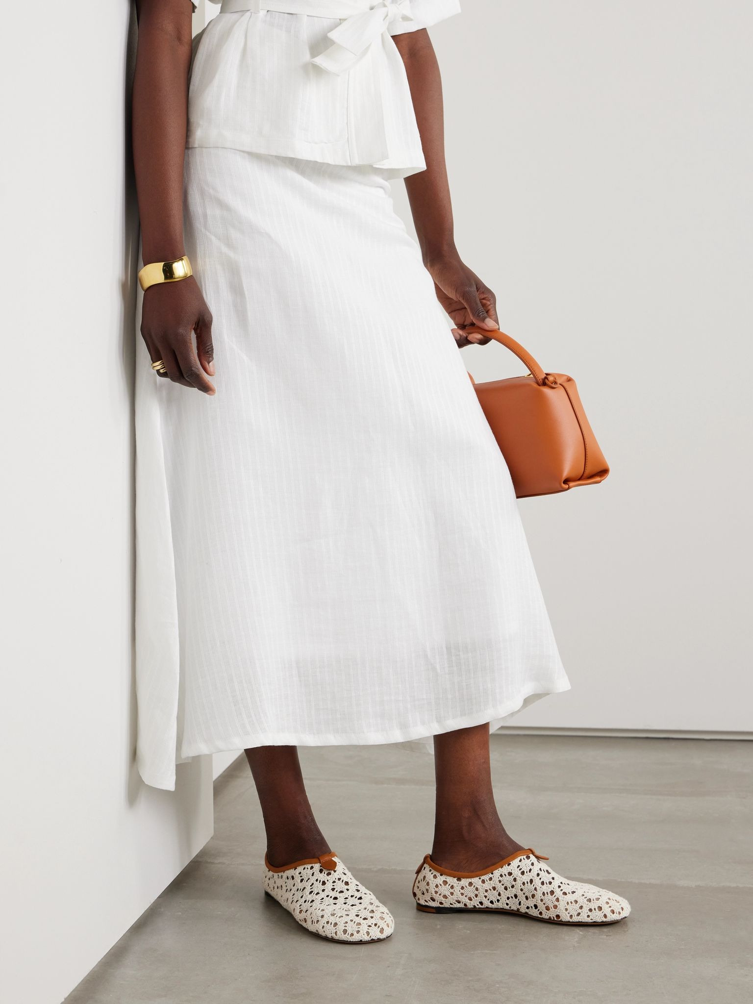 Floaty leather-trimmed macramé lace flats Off-white - 2
