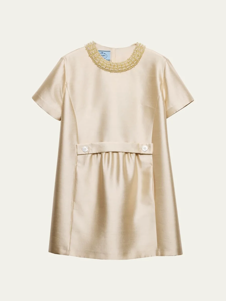 Beaded Gazar Silk Short-Sleeve Mini Dress - 1