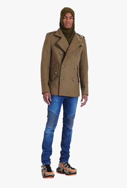 Light khaki wool military pea coat with double-breasted silver-tone buttoned fastening - 2