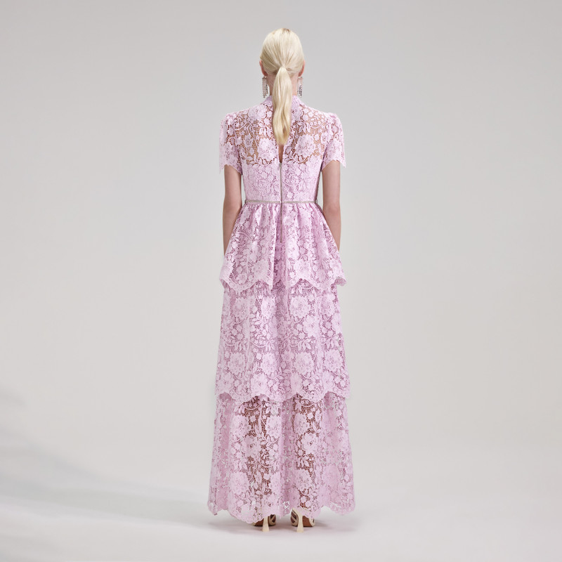self-portrait Pink Cord Lace Tiered Maxi Dress | REVERSIBLE