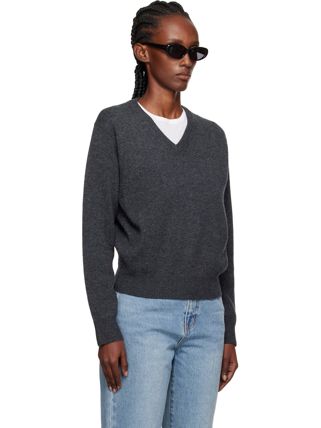 Gray Cashmere V-Neck Sweater - 2