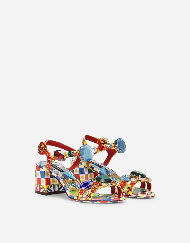 Carretto-print patent leather sandals with bejeweled appliqué - 3