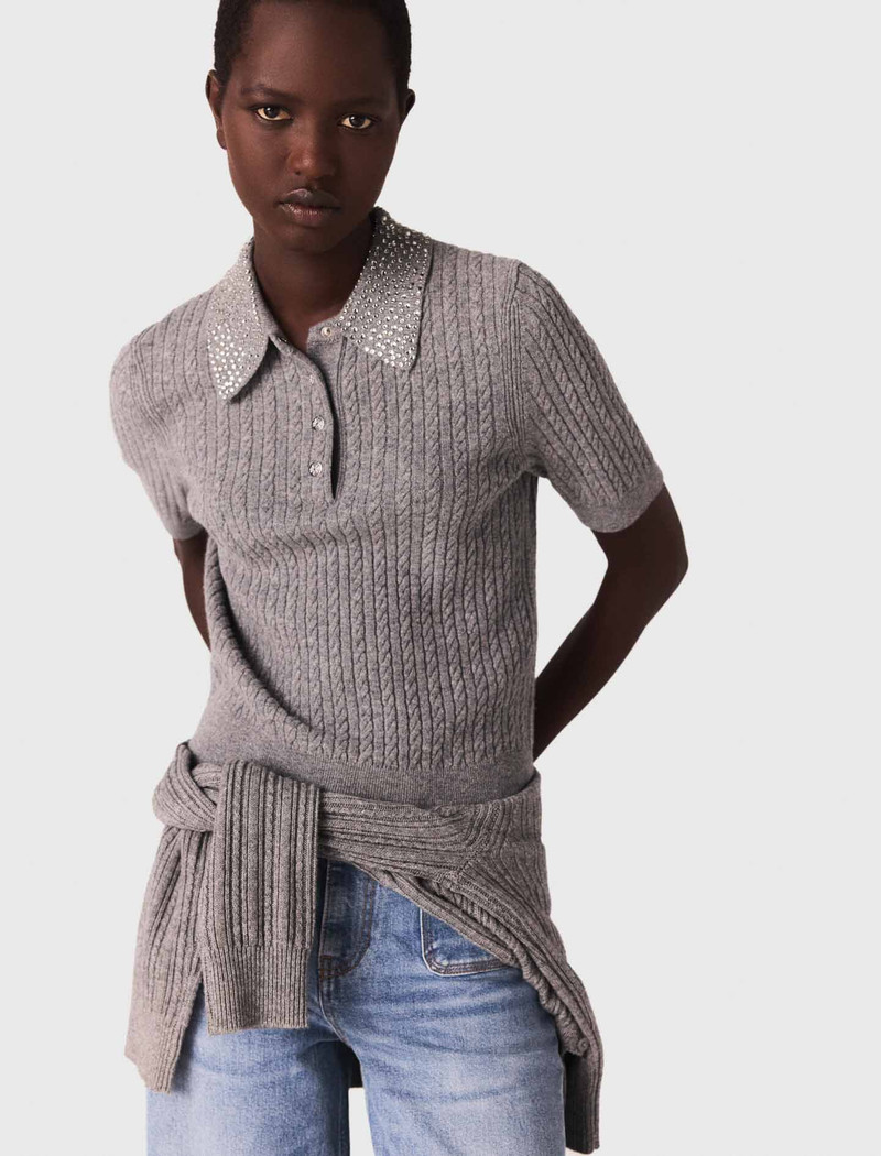 Wool polo shirt with rhinestone collar 5