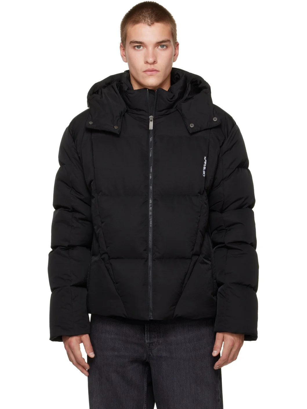 Black Bookish Nylon Twill Racing Puffer Jacket - 1