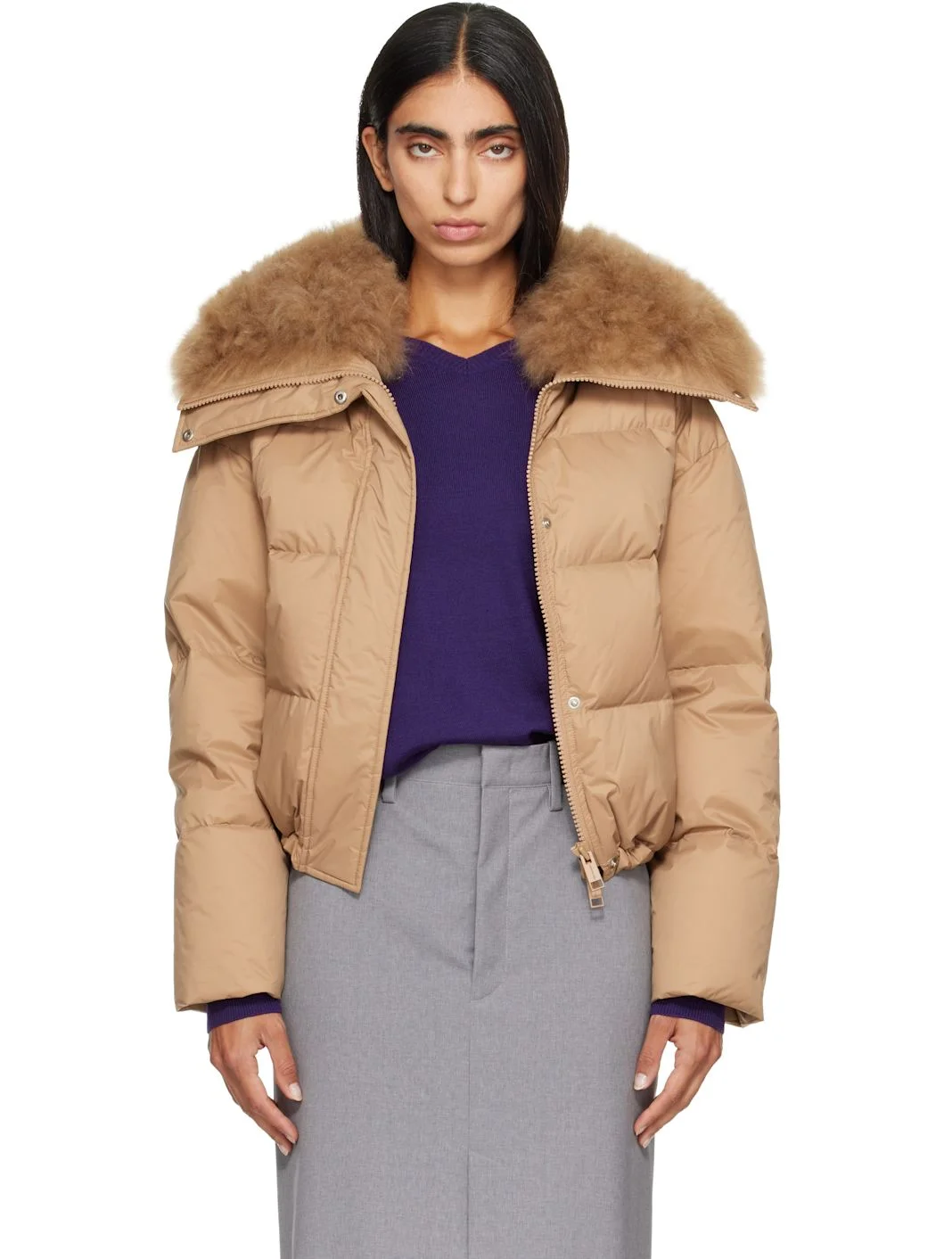 Beige Waterproof Technical Lambswool Trim Short Down Jacket - 1