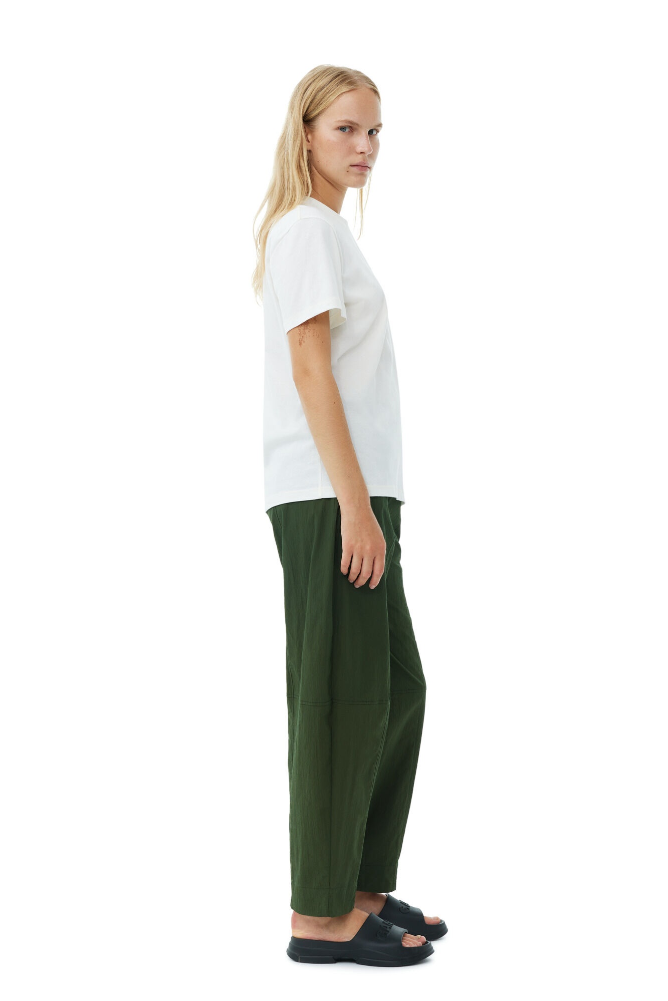 GREEN COTTON CREPE ELASTICATED CURVE PANTS - 4