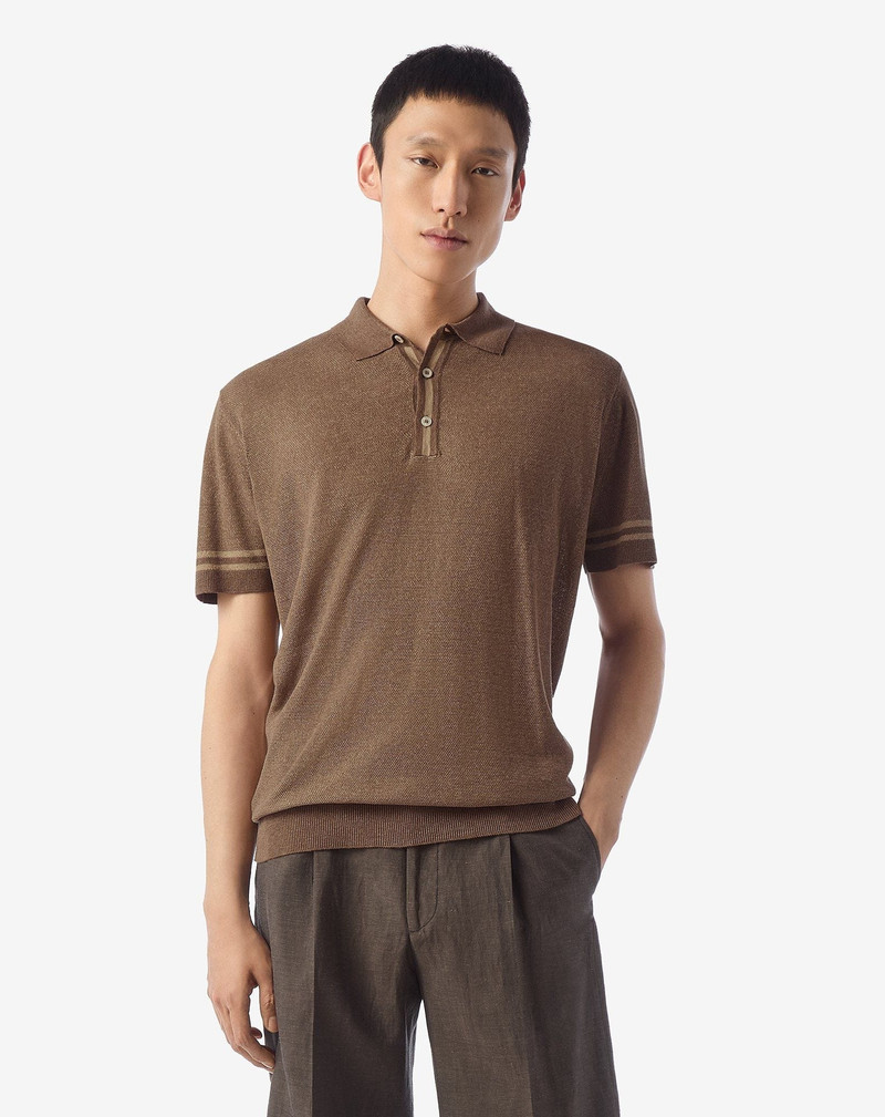 CORNELIANI Brown button-up linen and silk polo shirt outlook