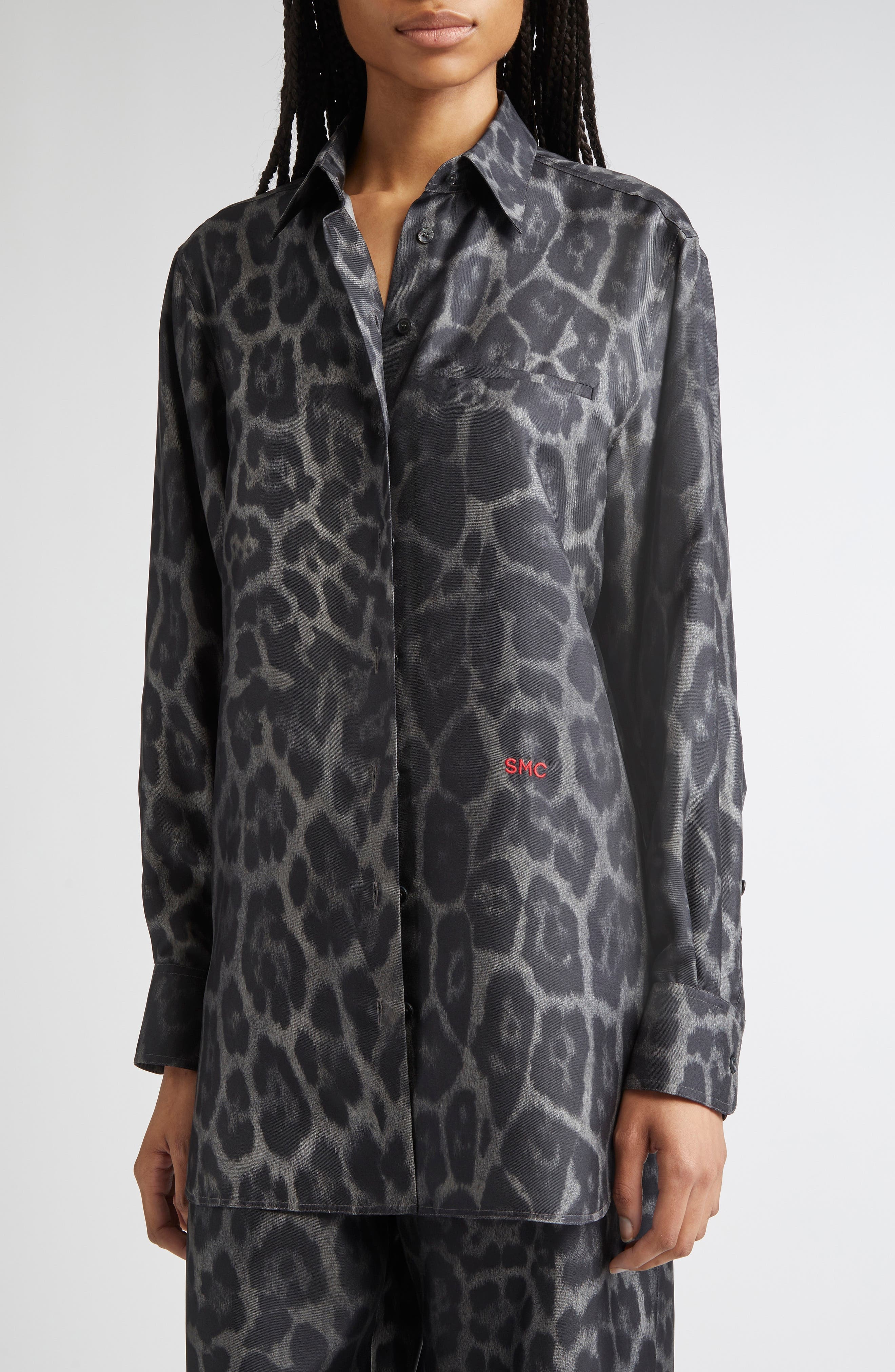 Stella McCartney Leopard Print Silk Button-Up Shirt in Ash Grey at Nordstrom - 5