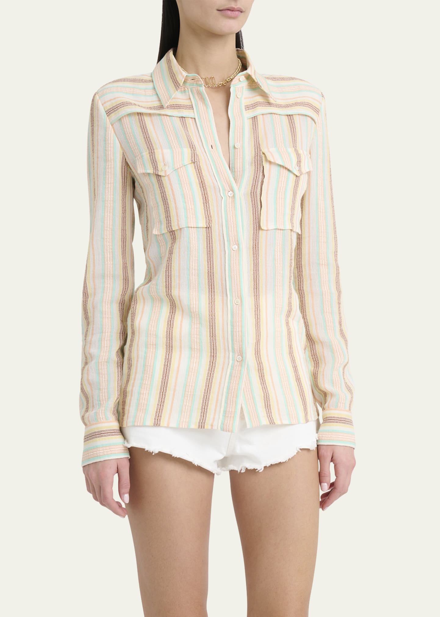 Button-Down Striped Crepon Cotton Blouse - 4