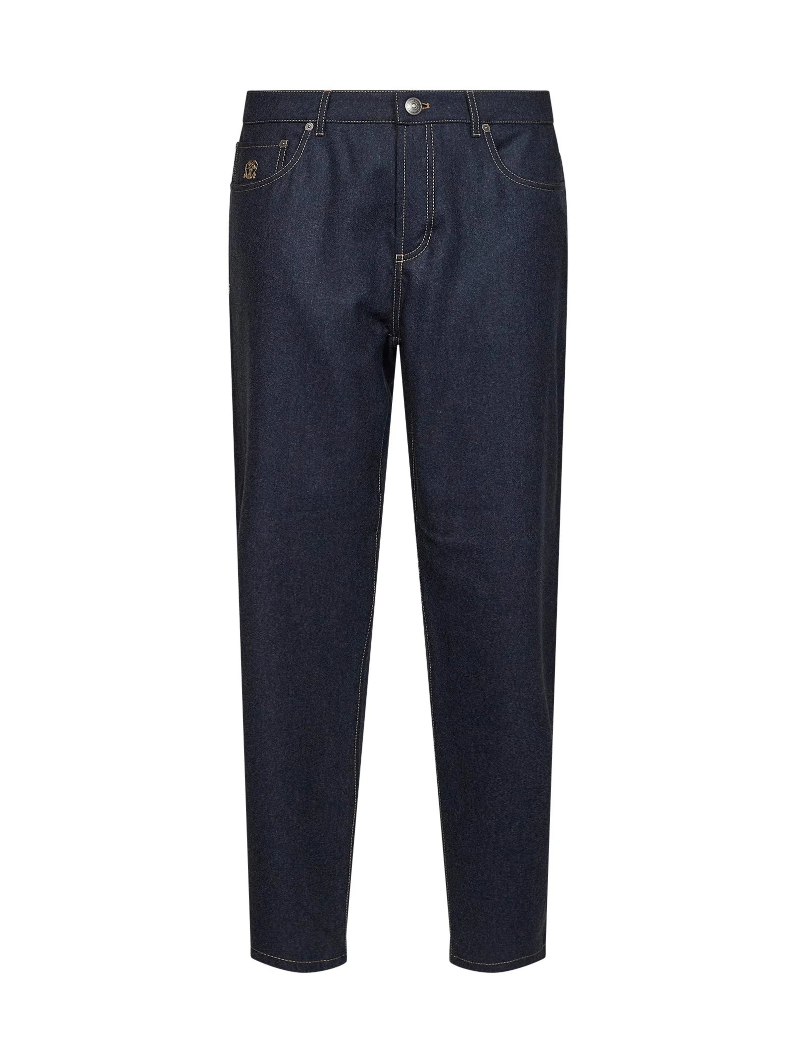 Blue virgin wool flannel five-pocket trousers - 1