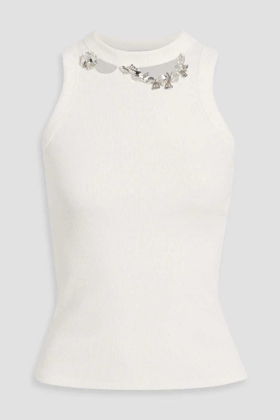 Crystal-embellished distressed ribbed cotton-blend jersey tank - 1
