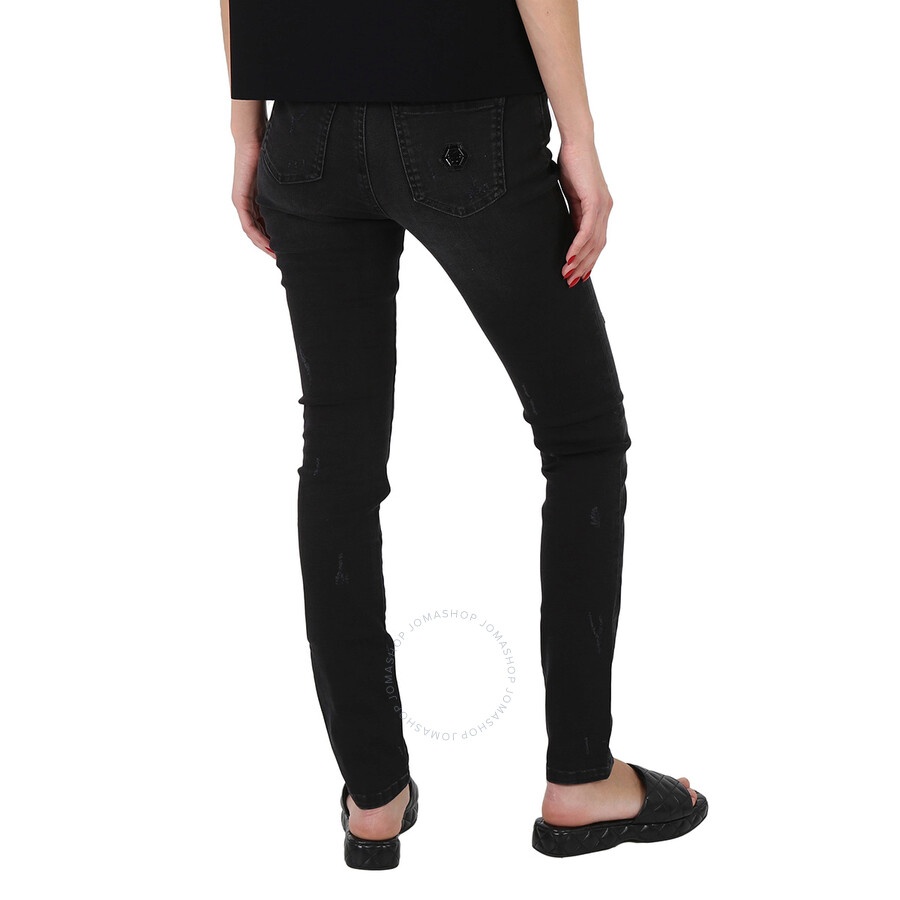 Philipp Plein Ladies Black High Waisted Distressed Jeans - 6