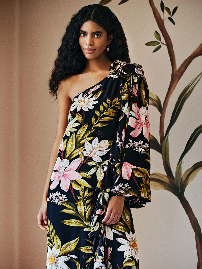 FARM RIO Black Surreal Flowers One-Shoulder Maxi Dress outlook