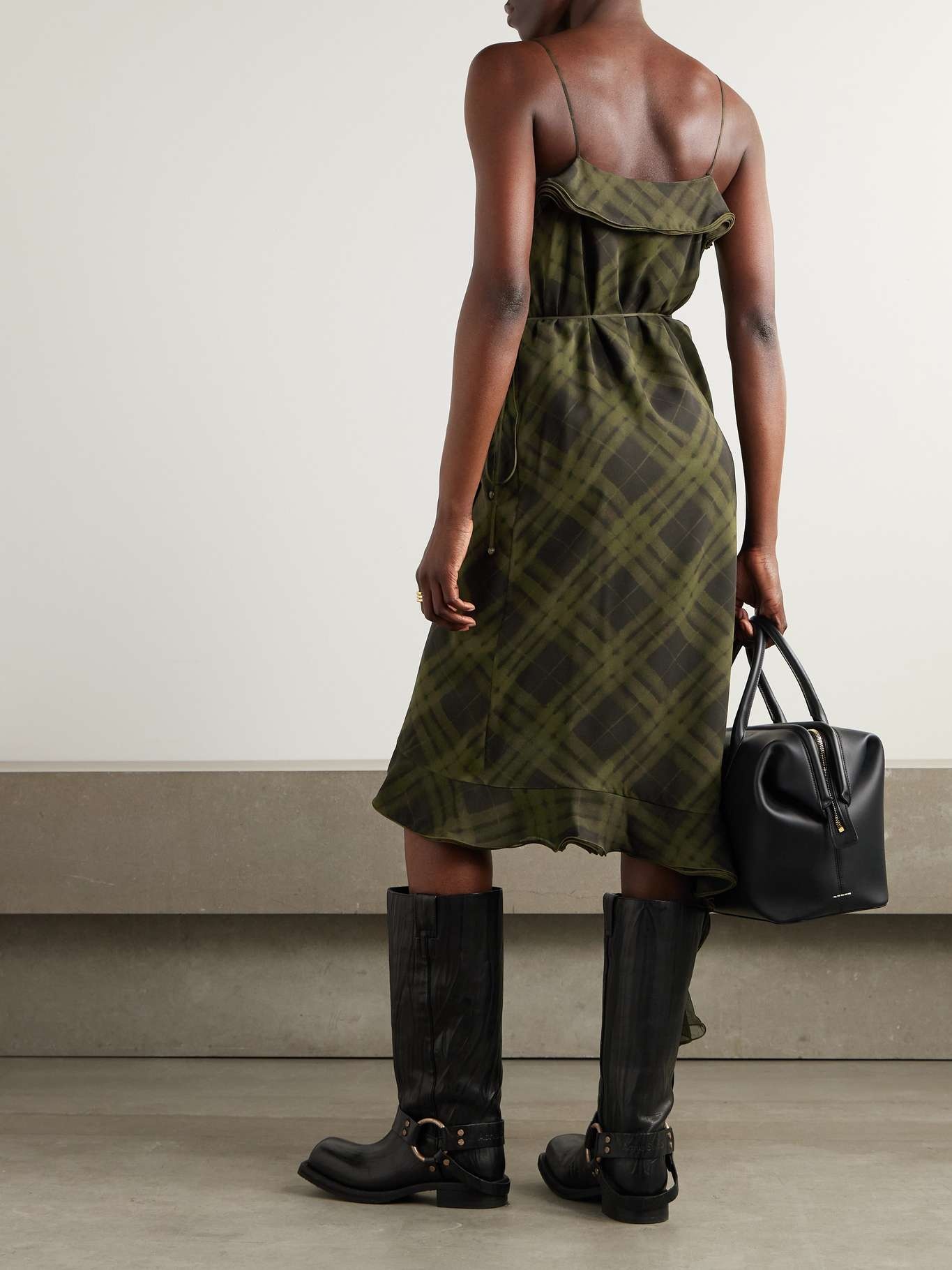 Asymmetric ruffled checked silk-crepe dress Green - 3