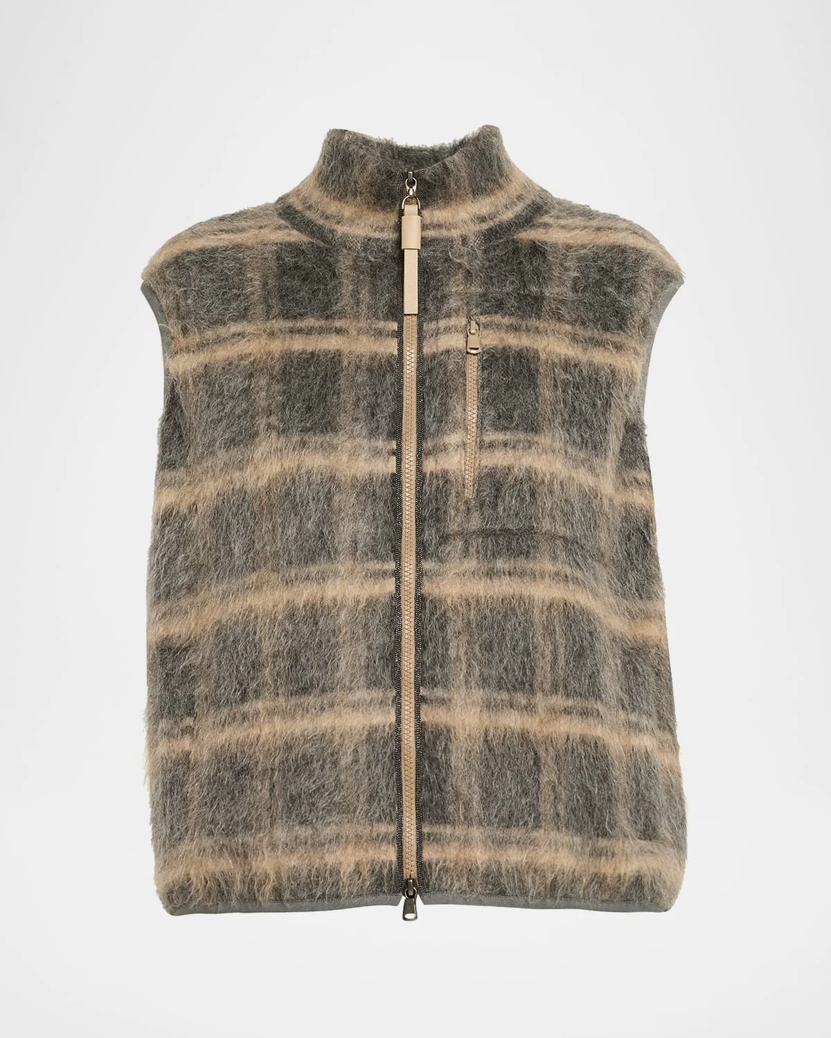 Fuzzy Check Wool-Mohair Zip Vest - 1
