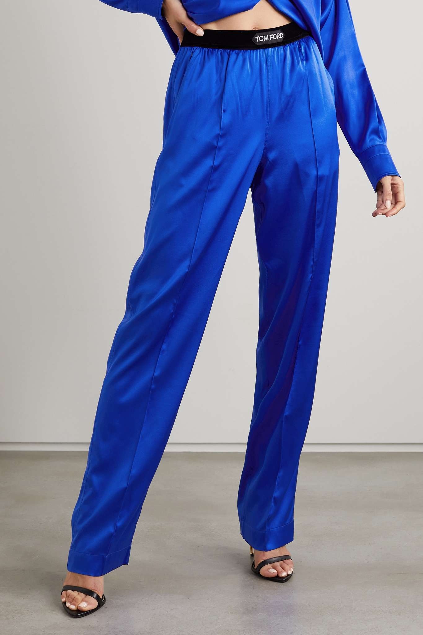 TOM FORD Velvet-trimmed stretch-silk satin pants