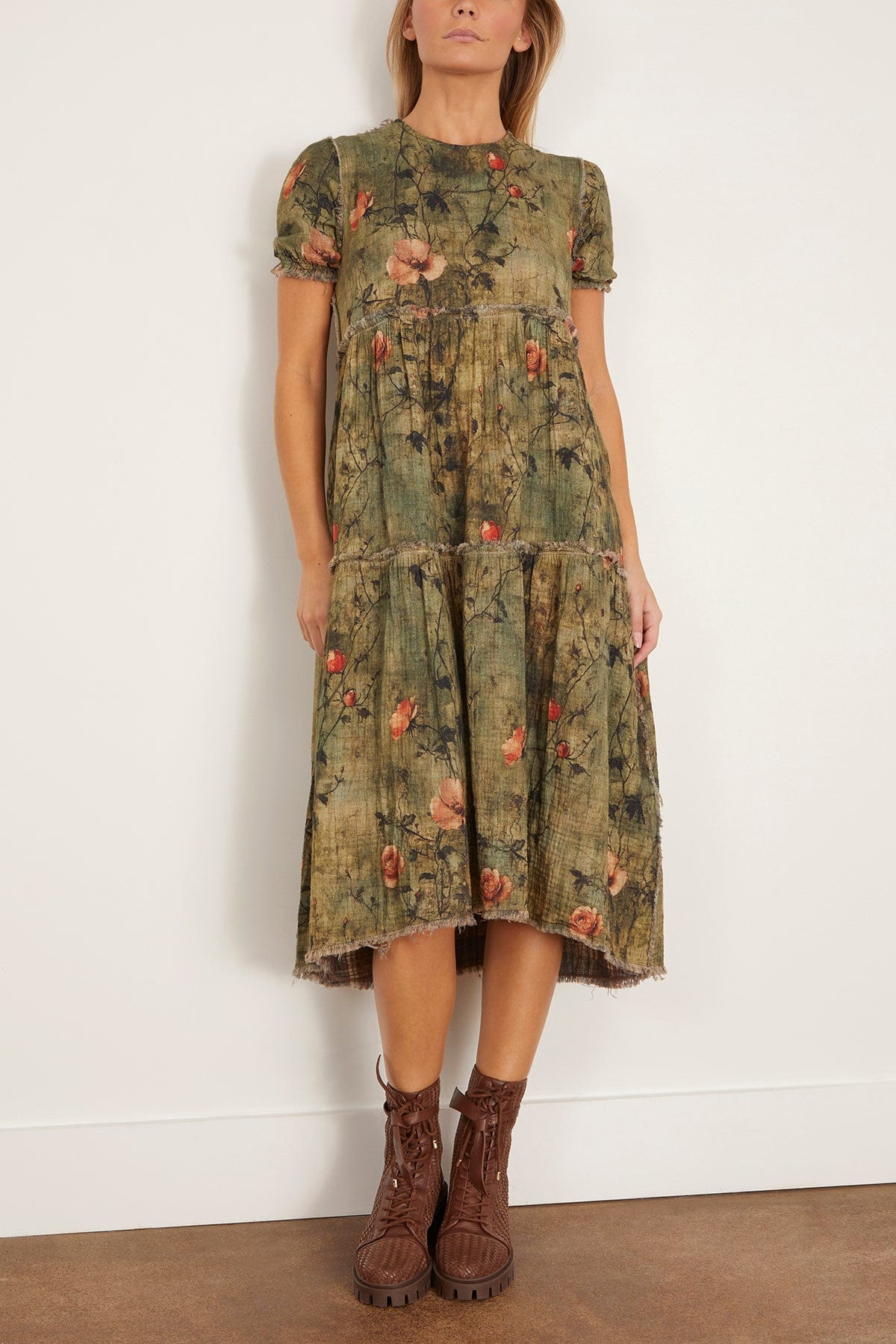 Reversible Shredded Relaxed Midi Dress in Plaid with Turquoise Floral - 3