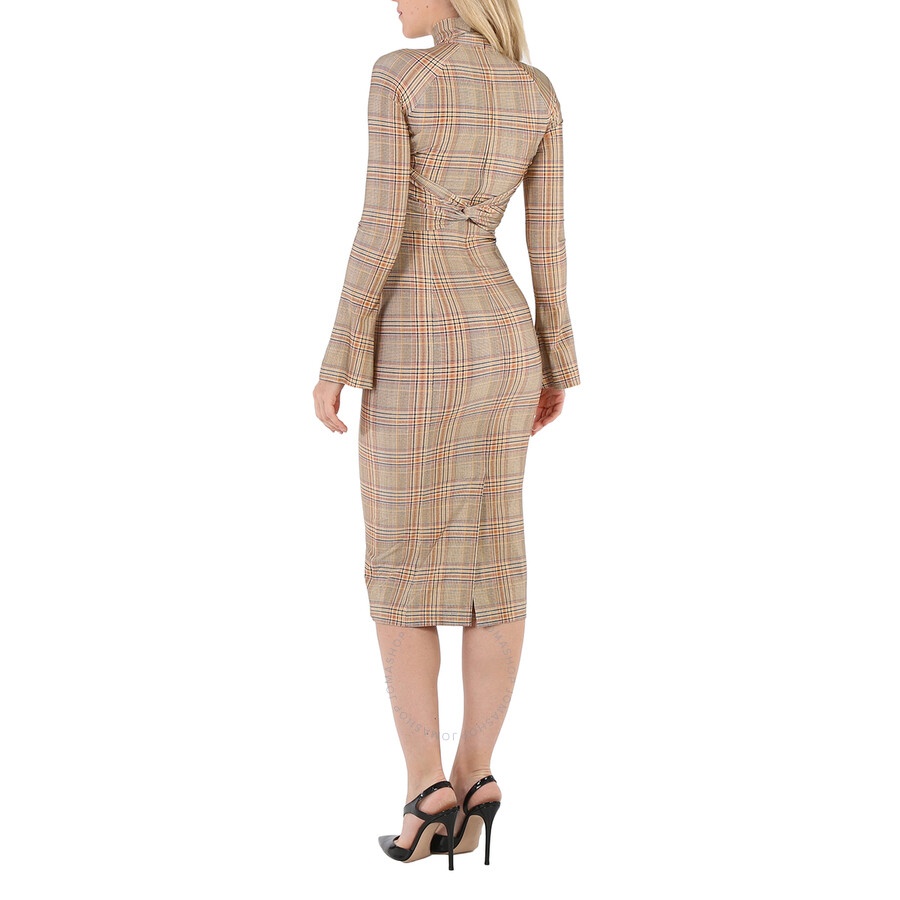 Burberry Ladies Dark Honey Cut-Out Checked Midi Dress - 6