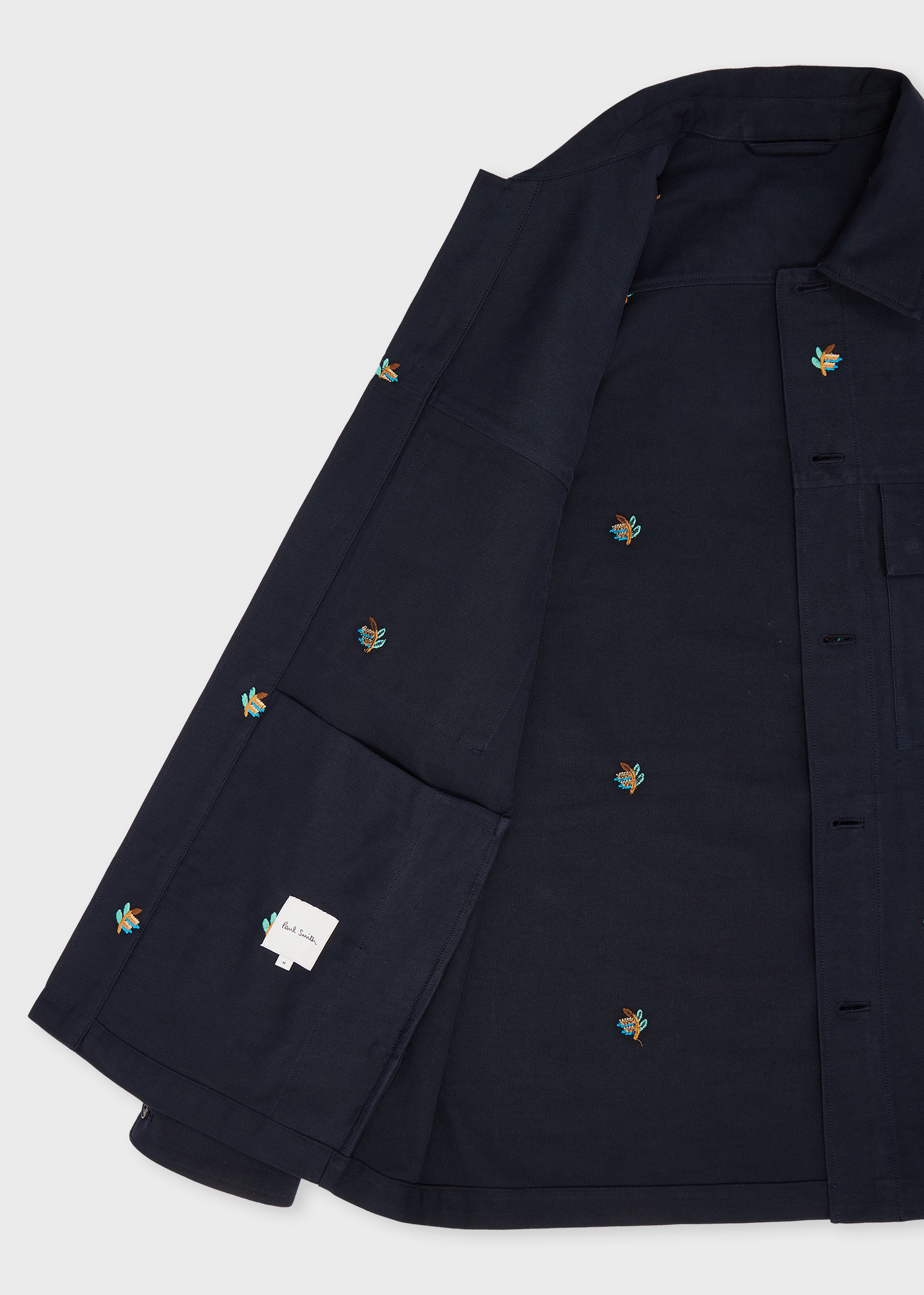 Navy Embroidered Leaf Cotton Overshirt - 5