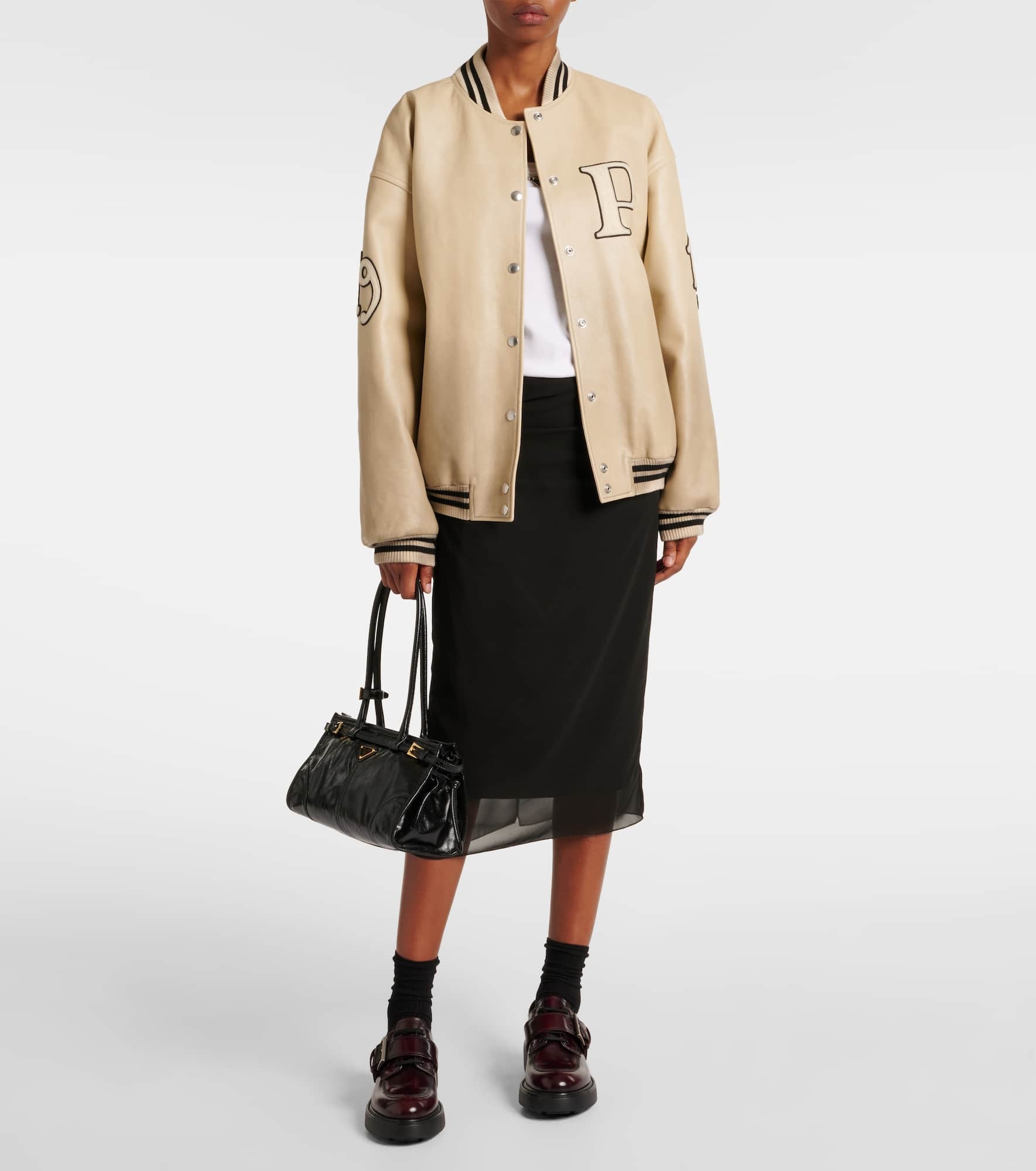 Patch-appliqué padded leather varsity jacket - 2
