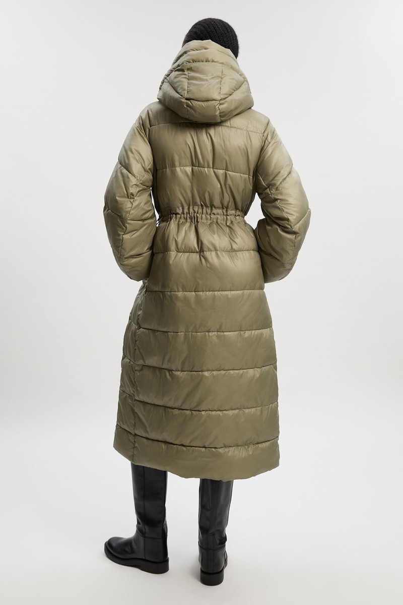 Quilted Drawstring Waist Hooded Rib Cuff Maxi Puffer Coat 5