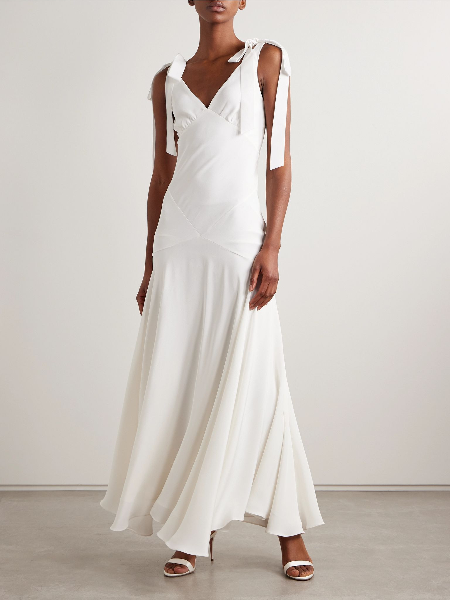 Embellished velvet-trimmed silk-crepe maxi dress White - 3