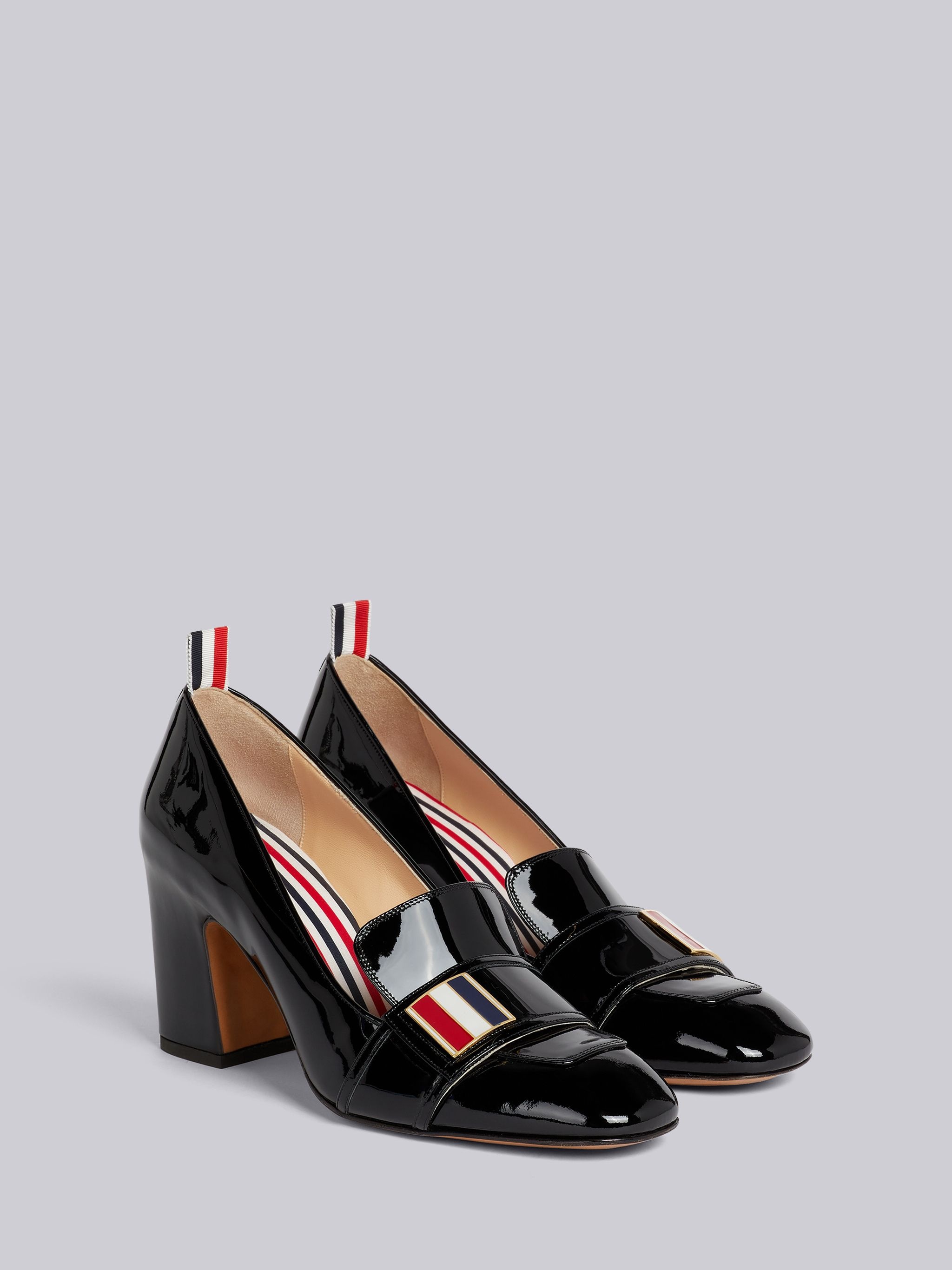 Black Soft Patent Leather Striped Enamel Strap Detail Block Heel Loafer - 3