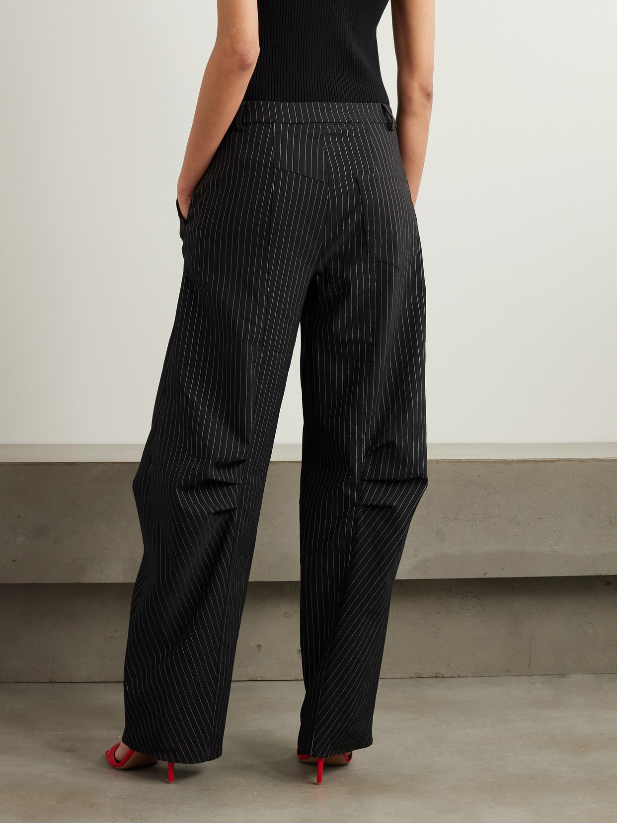 Embellished Belted Pinstriped Crepe Tapered Pants - 3