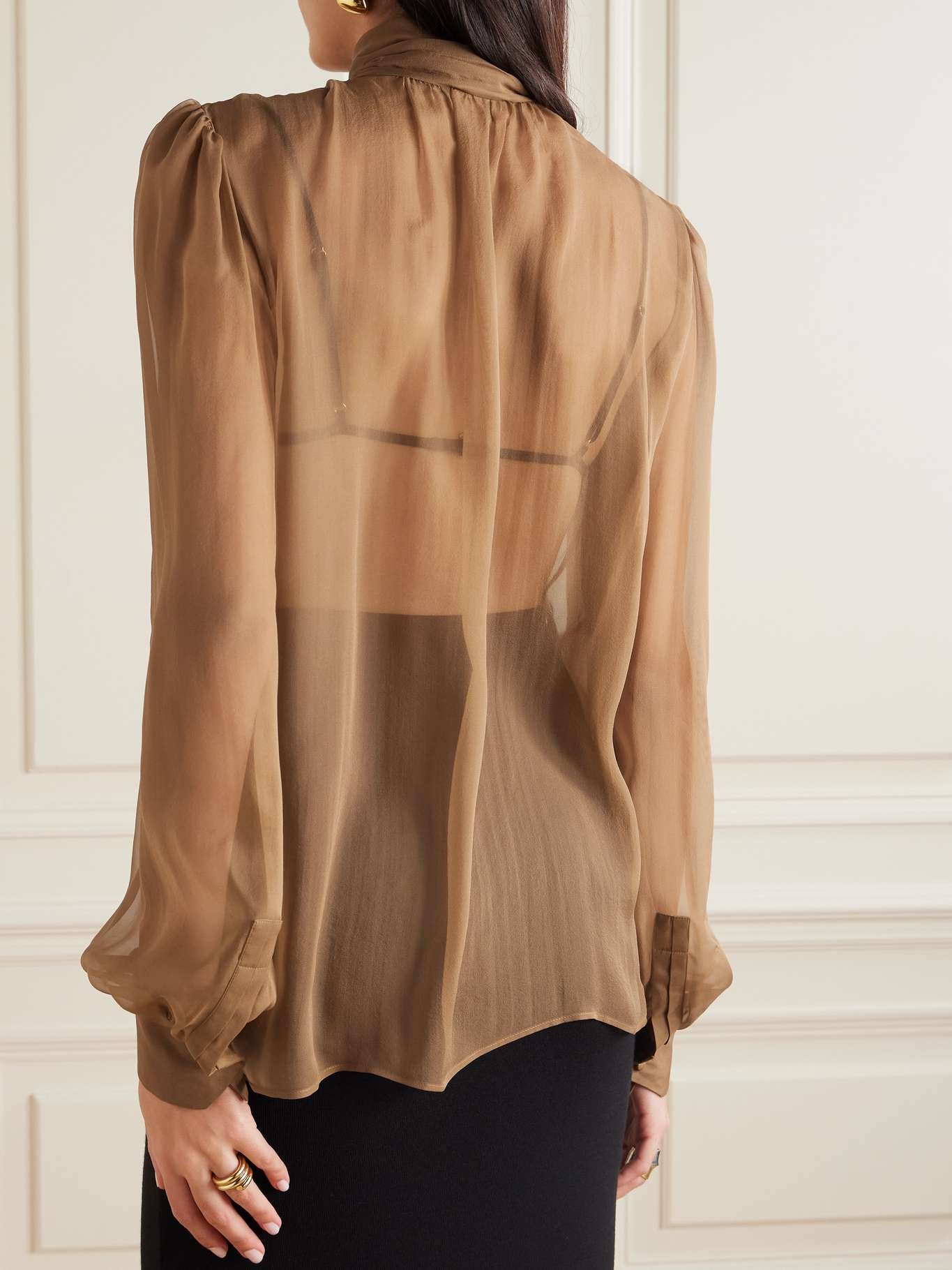 Pussy-bow silk-chiffon blouse Camel - 4