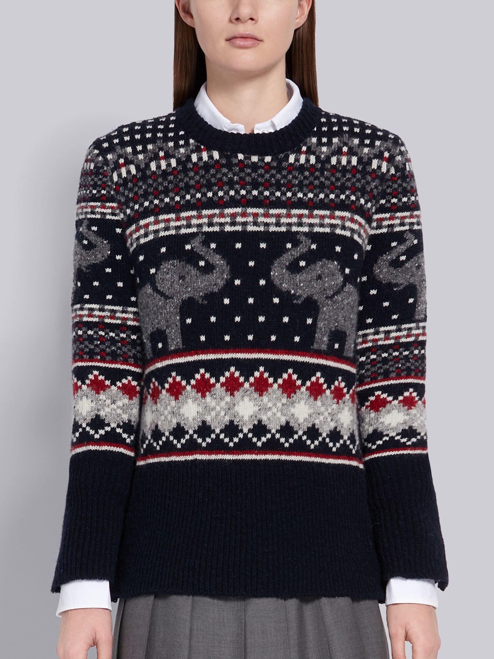 Navy Mohair Wool Elephant Icon Fair Isle Crewneck Pullover - 1