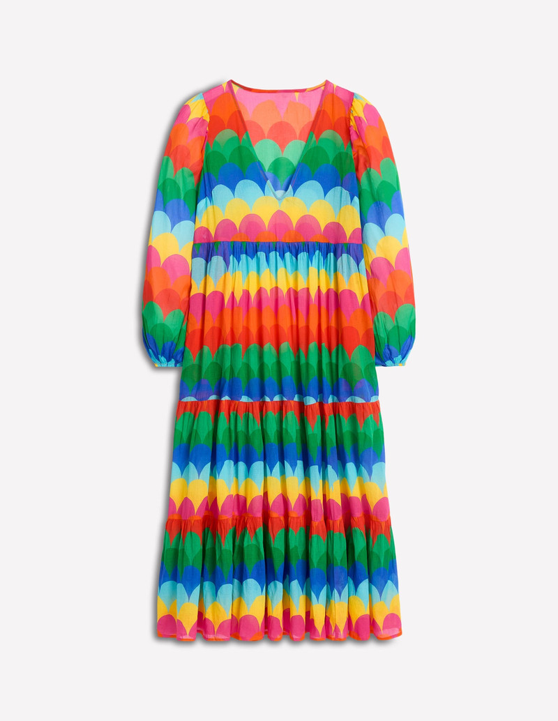 V-Neck Tiered Cotton Kaftan-Multi, Scallop Stripe 1
