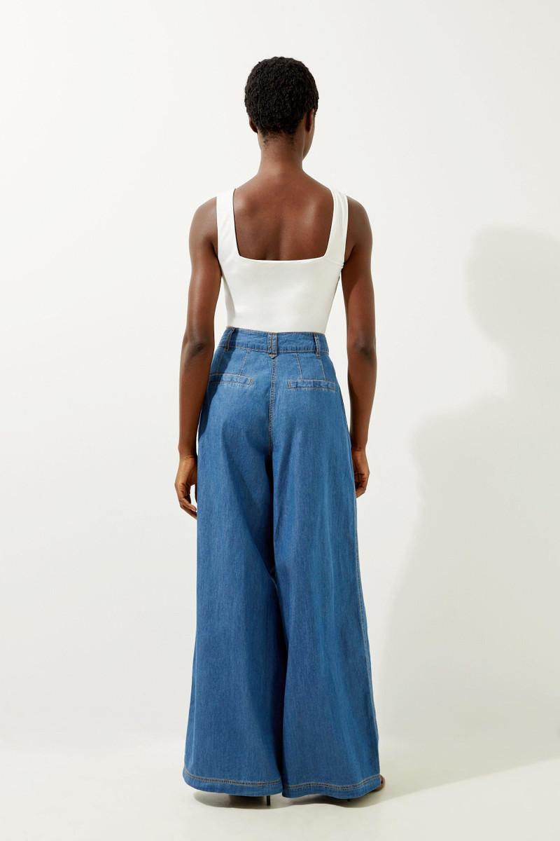 Tailored Chambray Denim Wide Leg Pleated Trousers 6