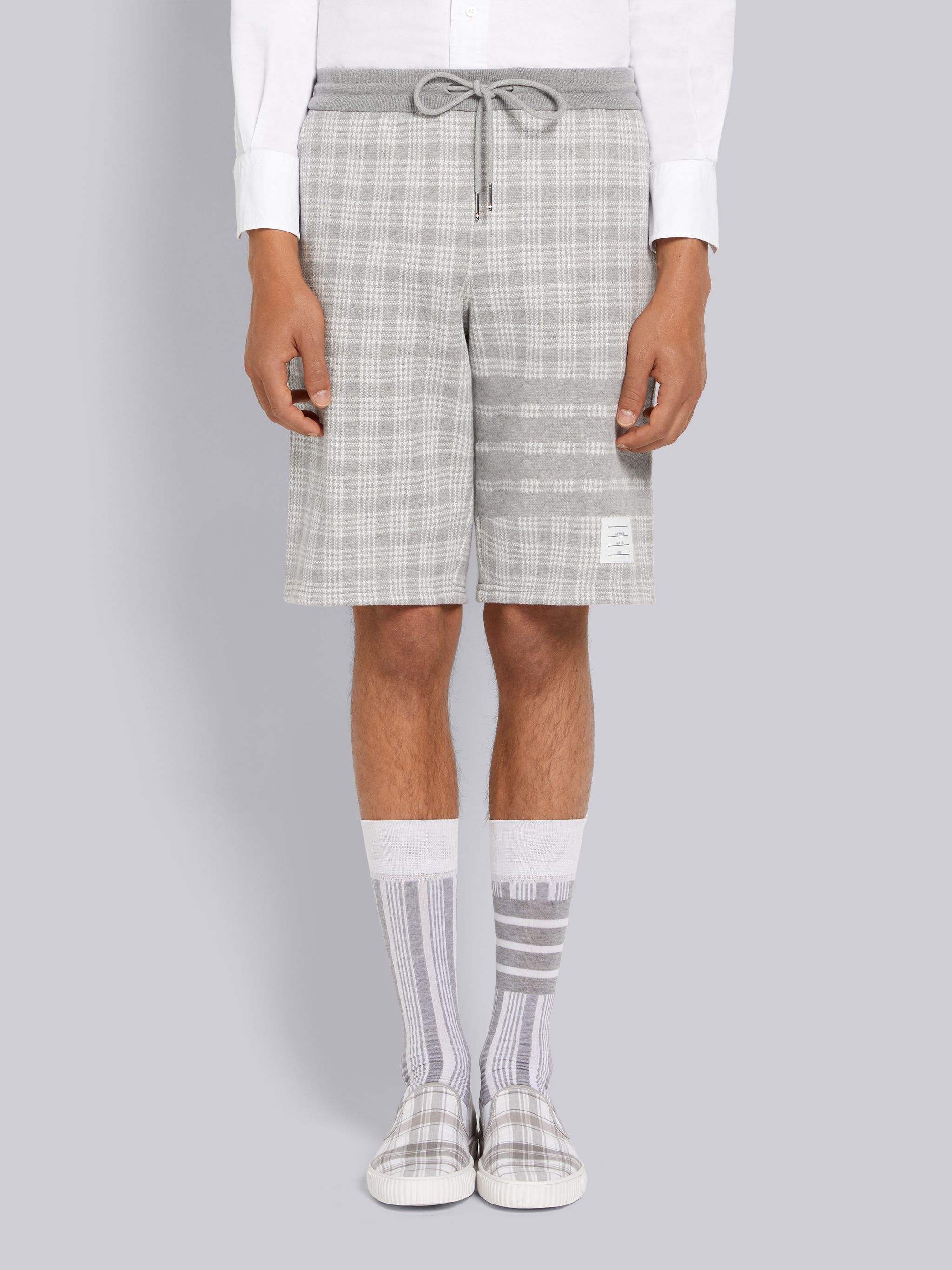 Light Grey Micro Check Jacquard 4-Bar Sweatshorts - 1