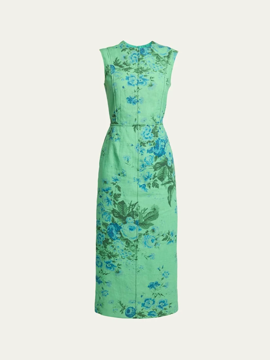 Sleeveless Floral-Print Linen Midi Dress - 1