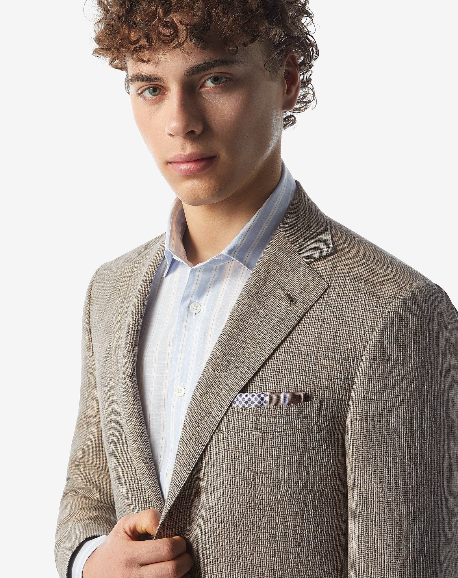 White/blue/brown pure silk pocket square - 2