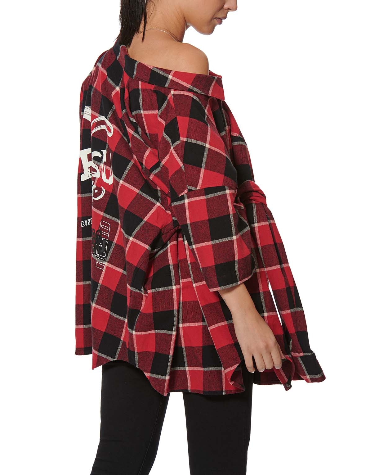 Calligraphy Print Asymmetric Flannel Shirt - 13