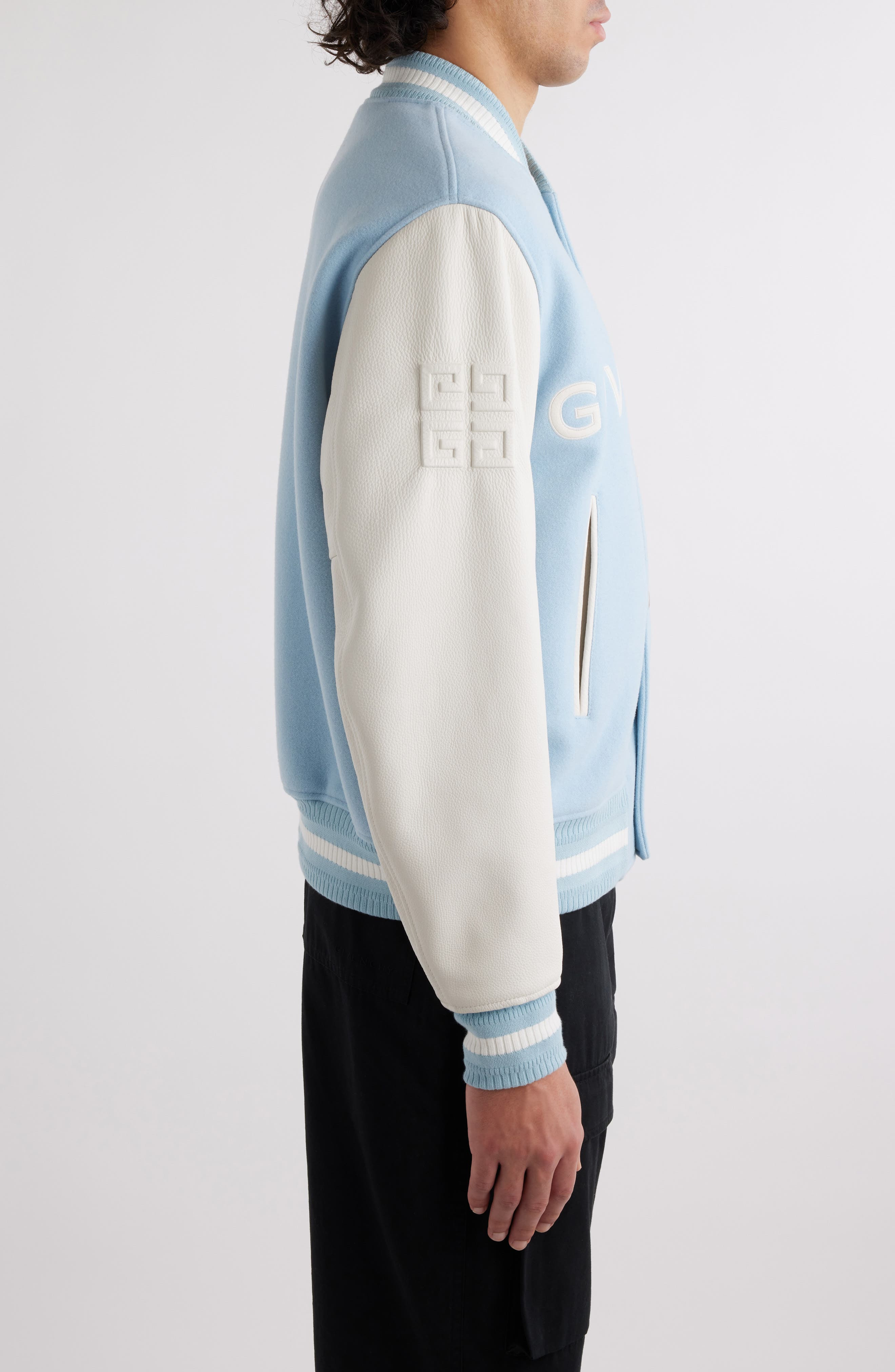 Givenchy Embroidered Logo Mixed Media Leather & Wool Blend Varsity Jacket in White/Sky Blue at Nords - 3