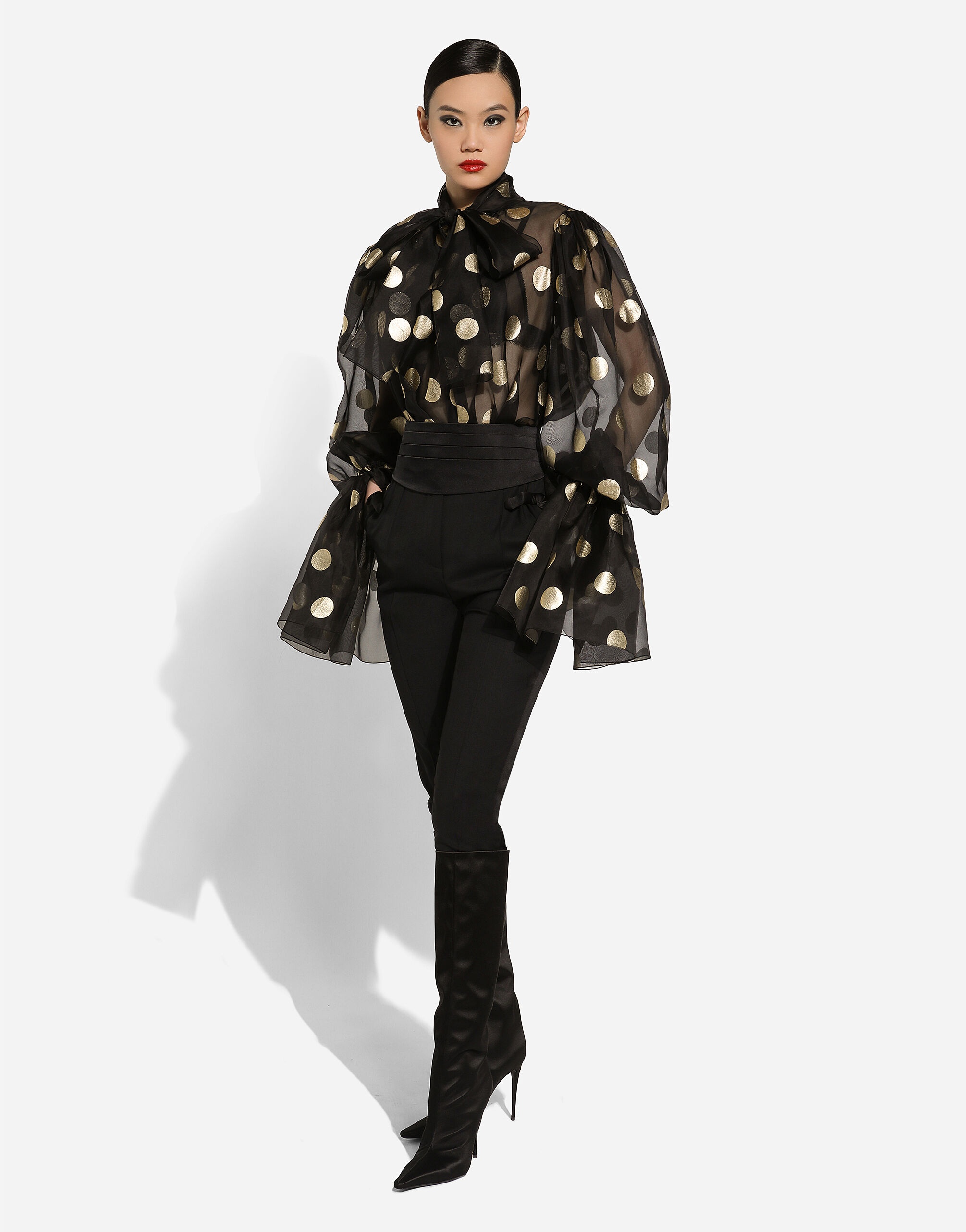 Silk organza jacquard blouse with polka-dot design and pussy-bow - 7
