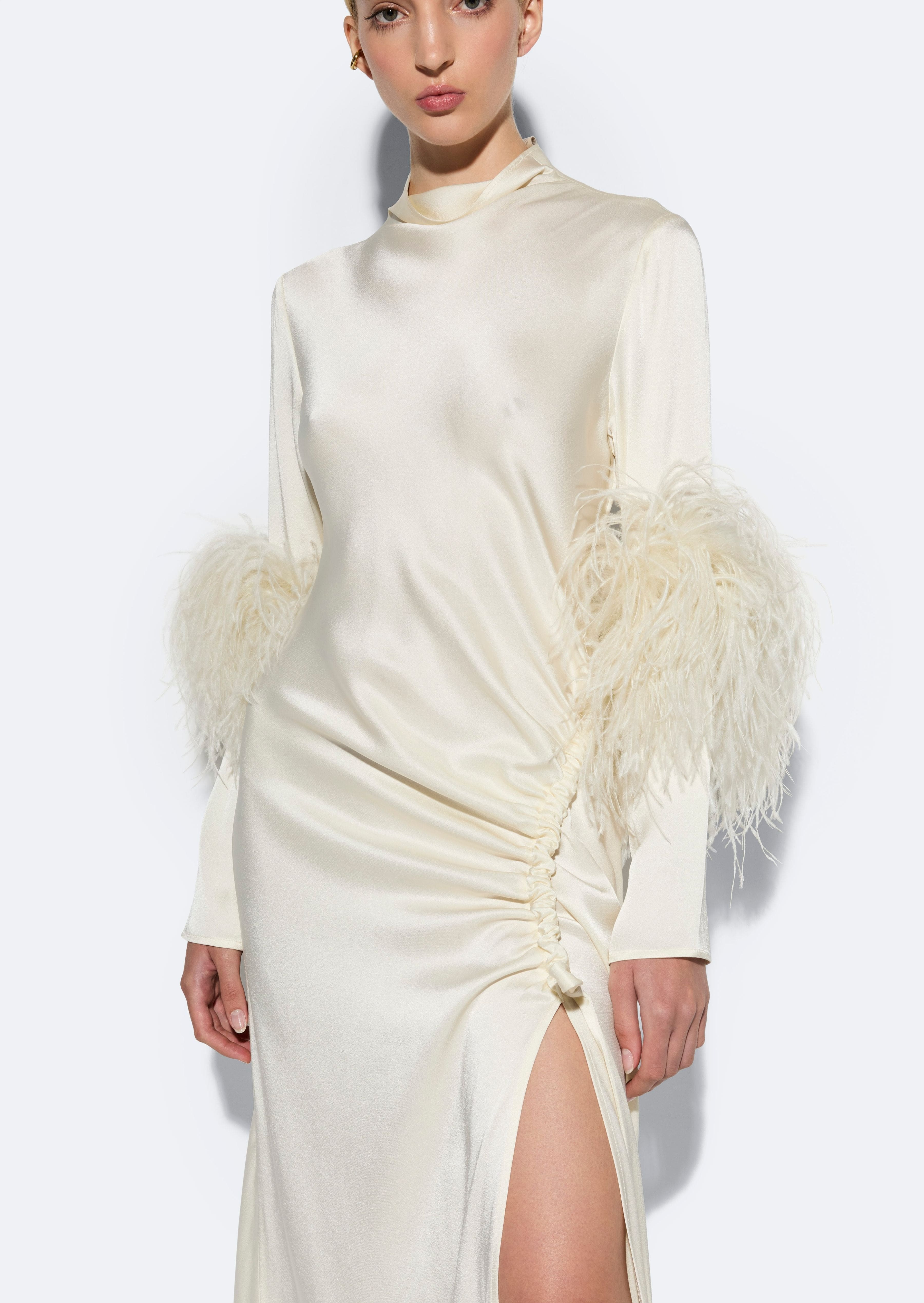 Satin Bias Feather Tab Gown With Slit - 3
