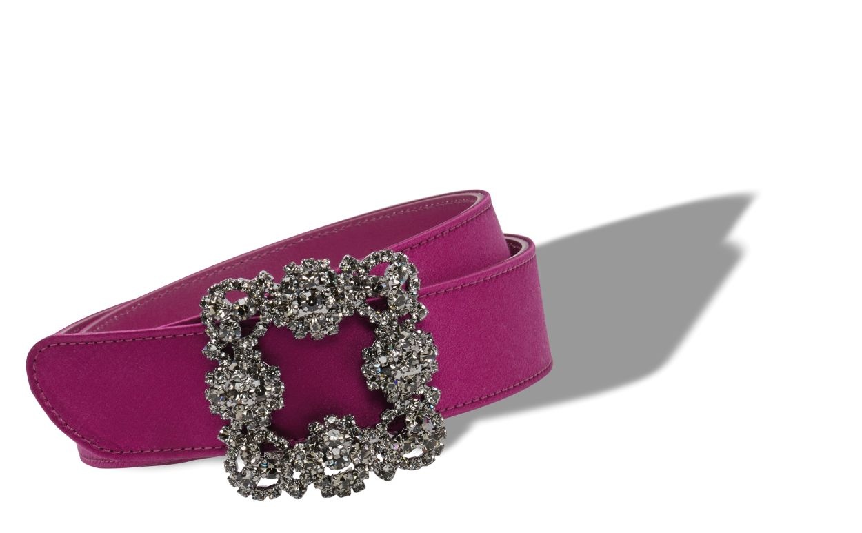 Dark Fuchsia Satin Crystal Buckled Belt - 2