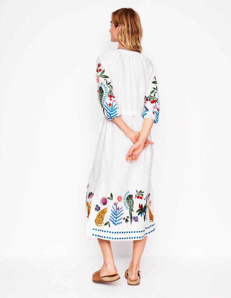 Embroidered Linen Tassel Dress-Ivory 4